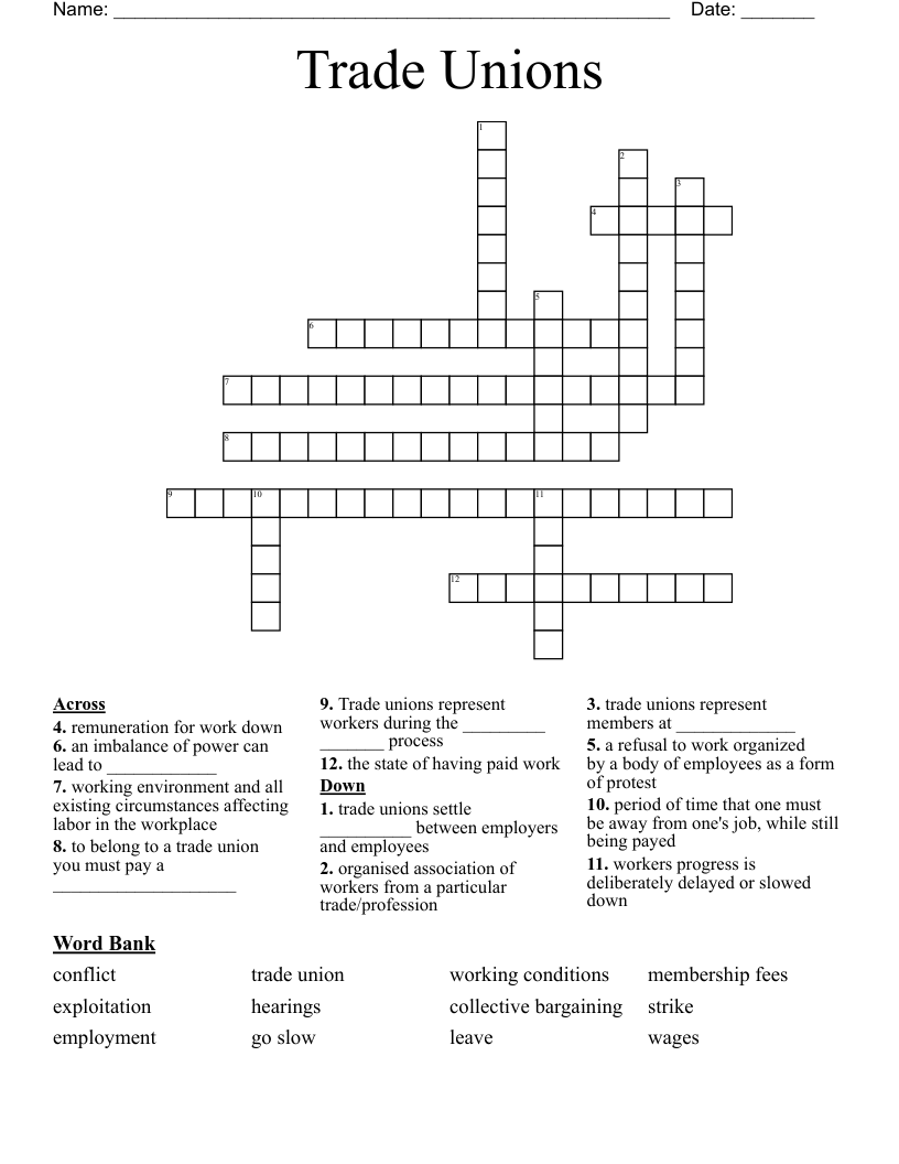 Trade Unions  Crossword