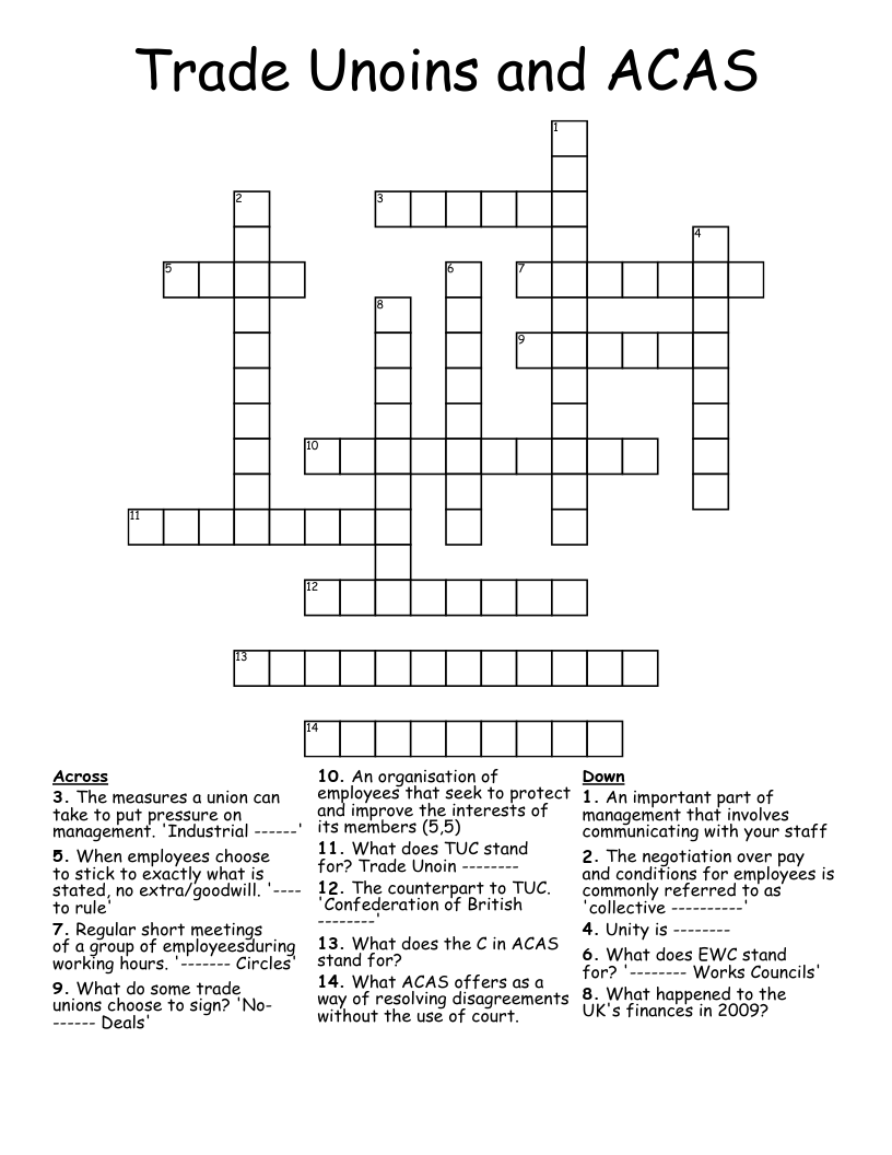 Trade Unoins and ACAS Crossword