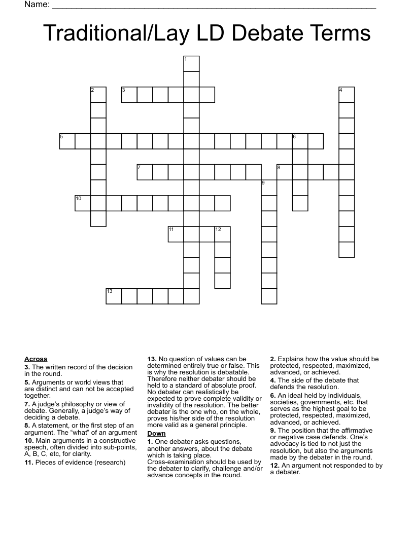 Traditional/Lay LD Debate Terms Crossword