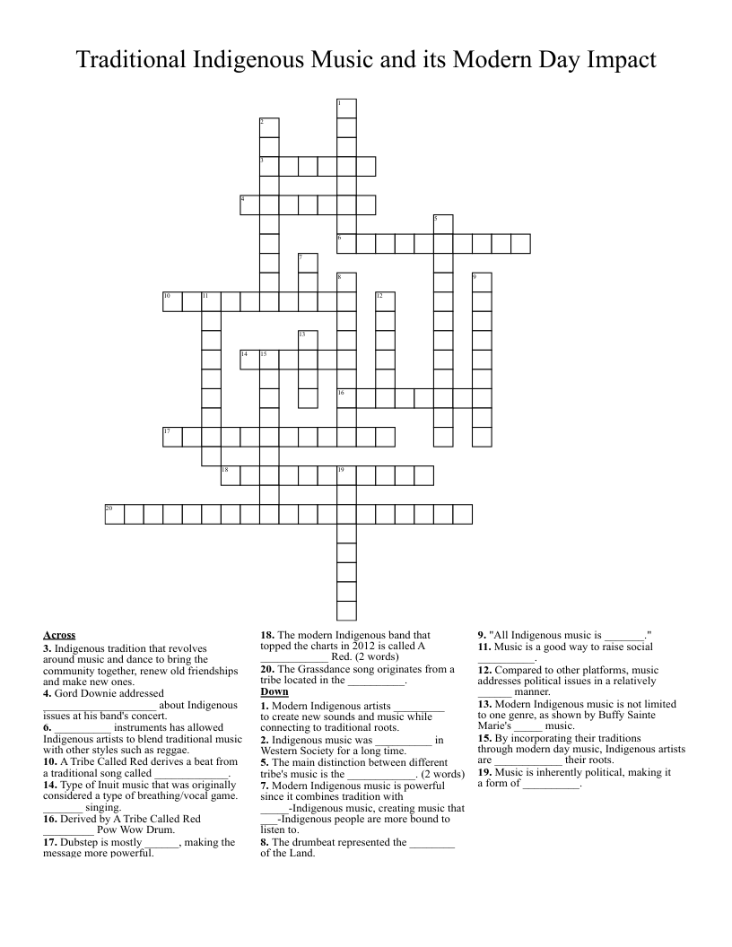 Traditional Indigenous Music and its Modern Day Impact Crossword