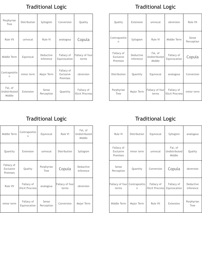 Traditional Logic Bingo Cards