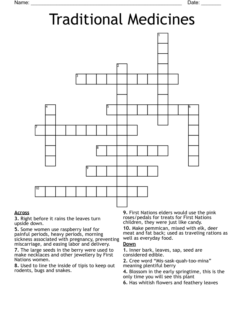 Traditional Medicines Crossword