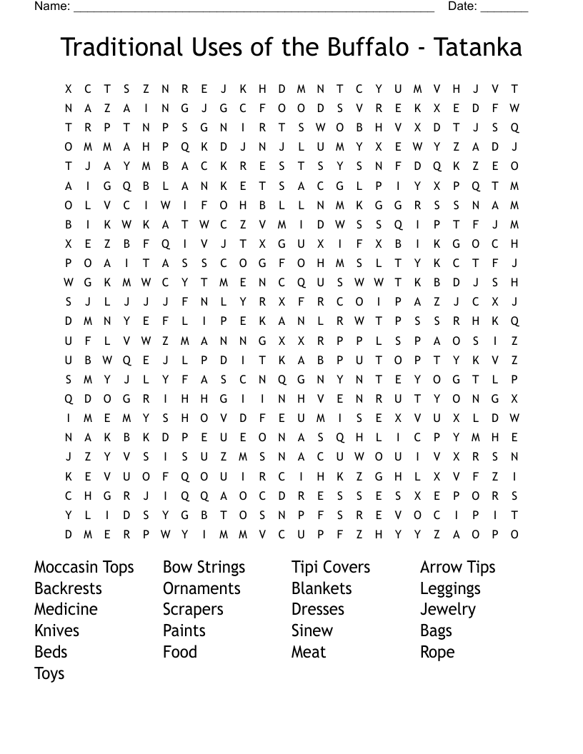 Traditional Uses of the Buffalo - Tatanka Word Search