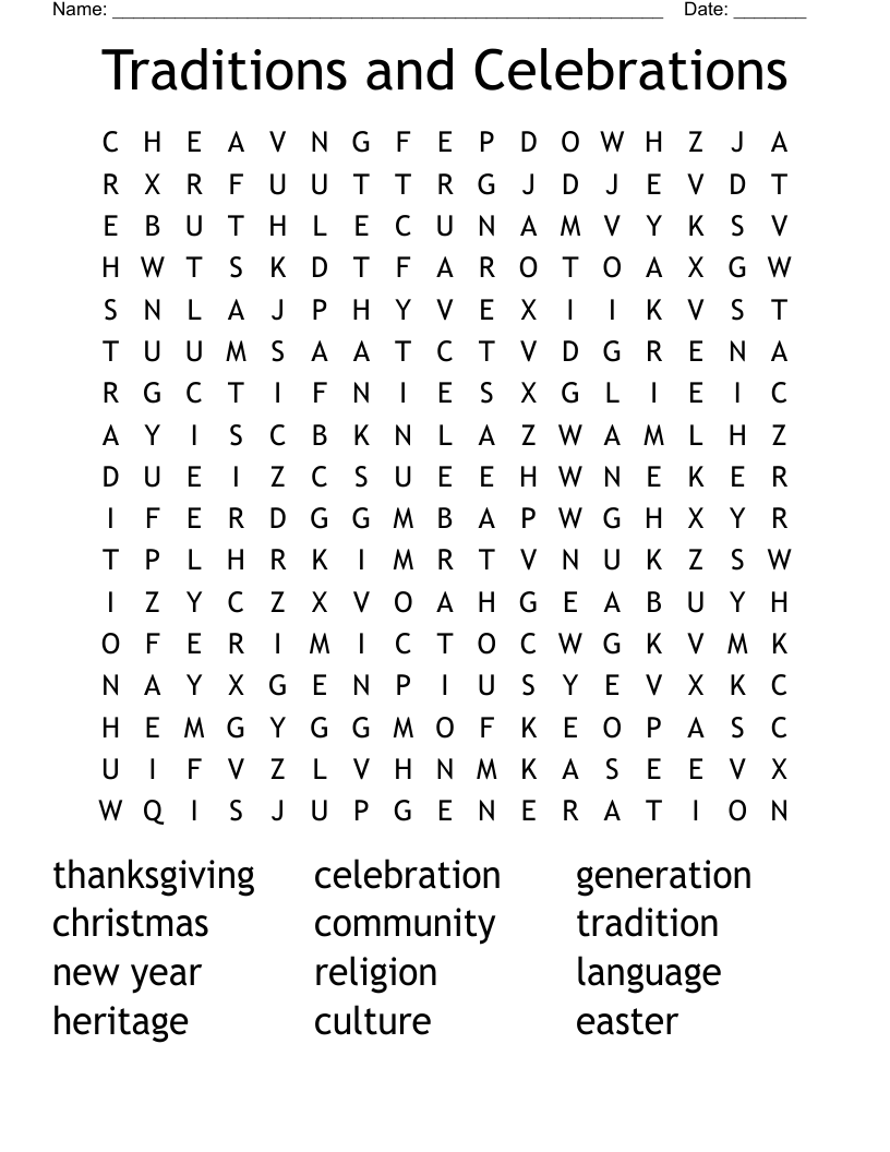 Traditions and Celebrations Word Search