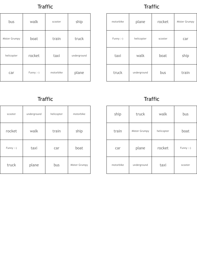 Traffic Bingo Cards