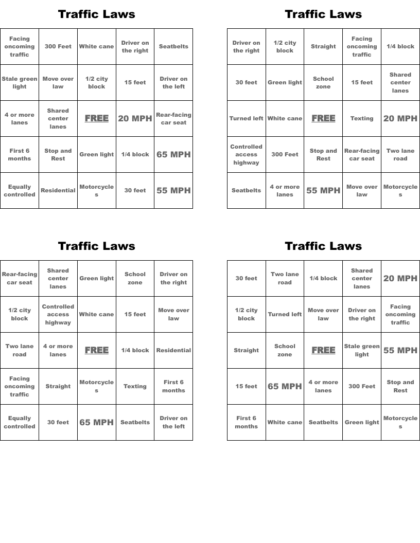 Traffic Laws Bingo Cards