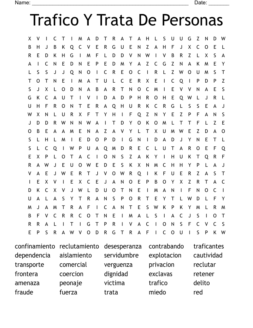 Trafico Y Trata De Personas Word Search