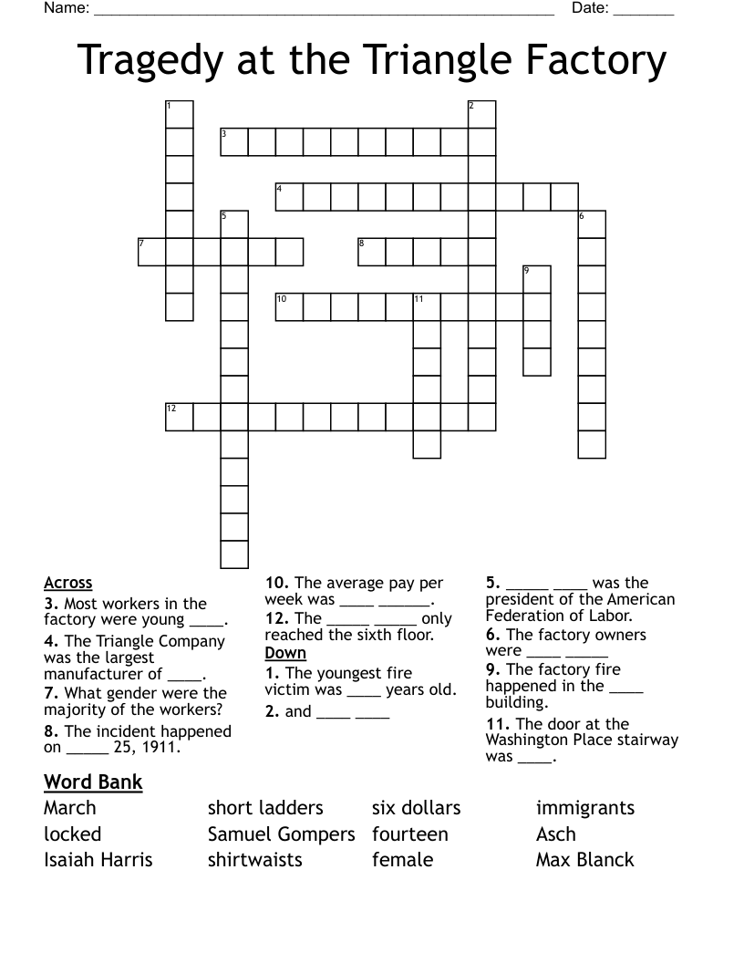 Tragedy at the Triangle Factory Crossword