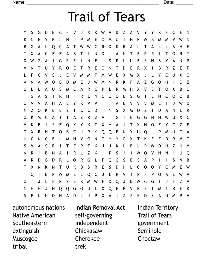 Trail of Tears Word Search