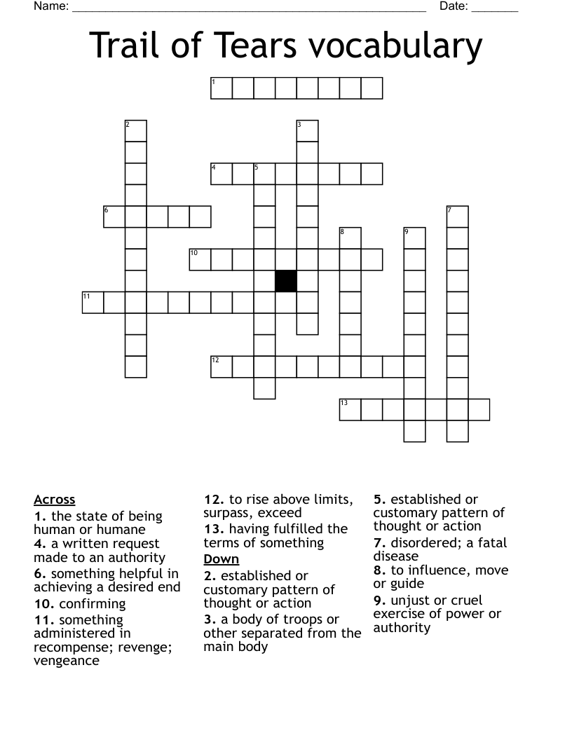 Trail of Tears vocabulary Crossword