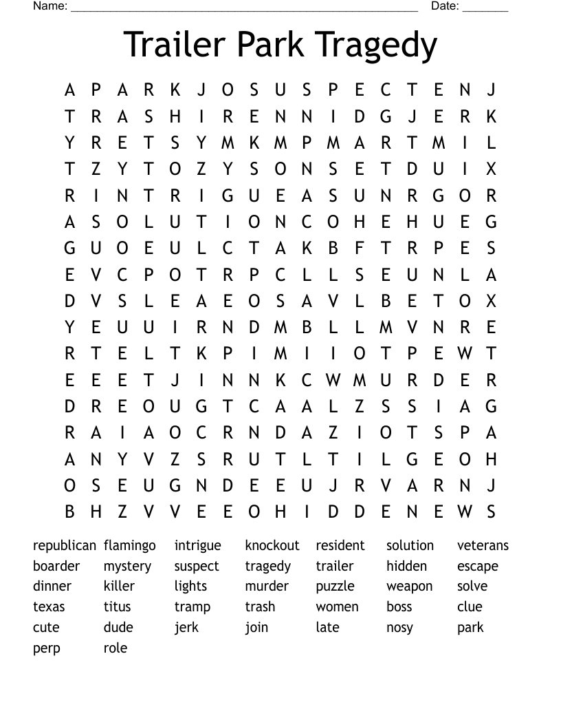 Trailer Park Tragedy Word Search