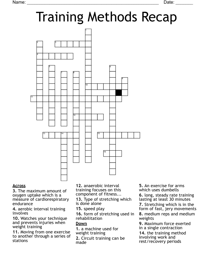 Training Methods Recap Crossword
