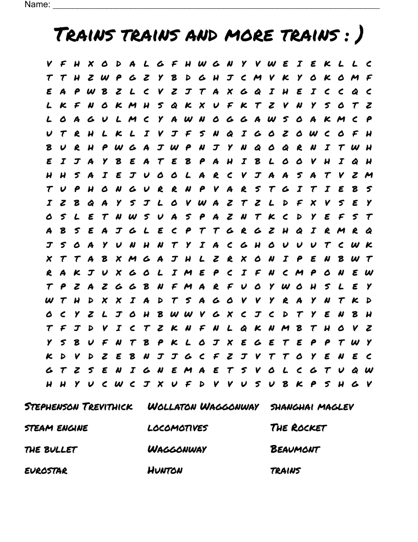 Trains trains and more trains   :  ) Word Search