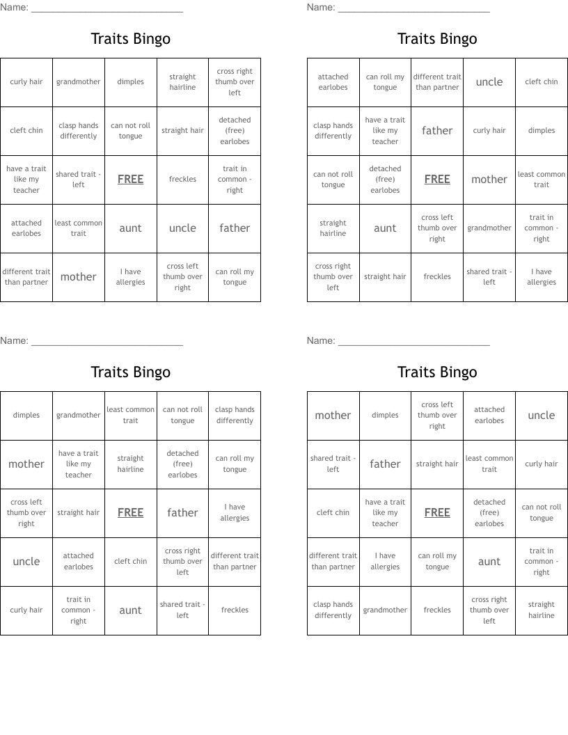 Traits Bingo