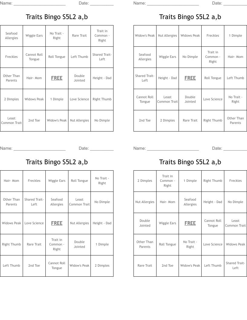 Traits Bingo S5L2 a,b
