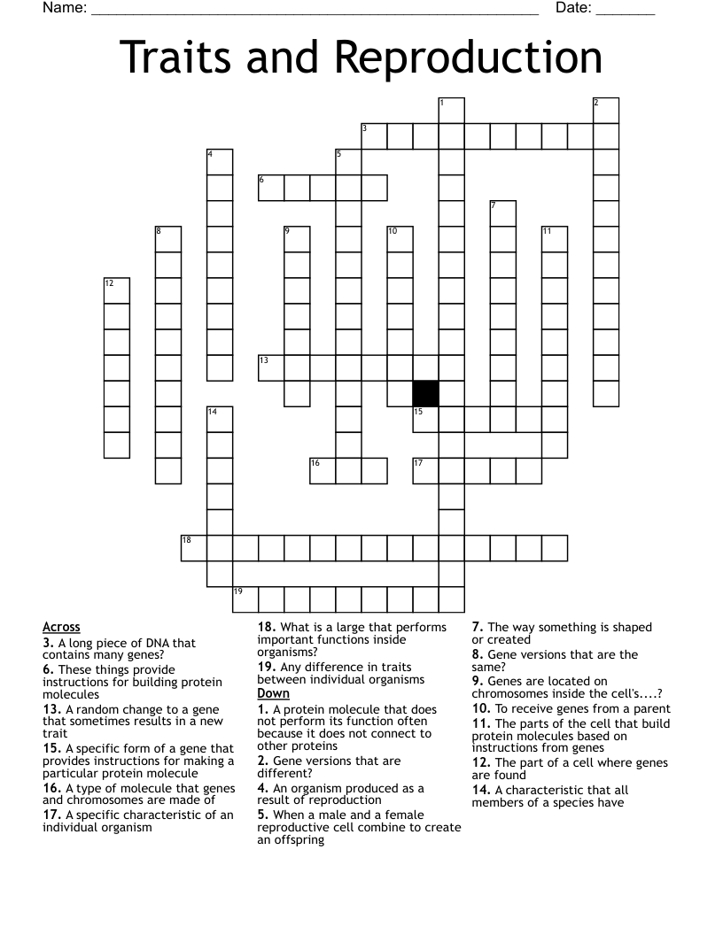 Traits and Reproduction Crossword