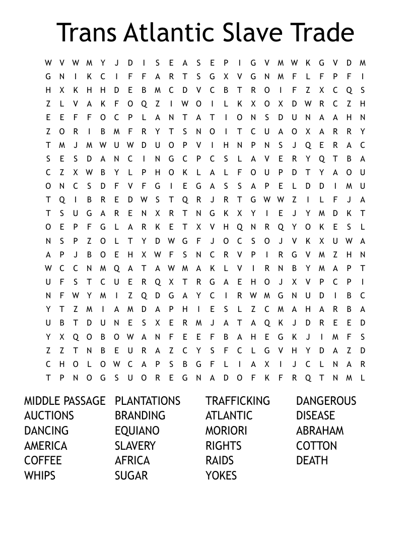 Trans Atlantic Slave Trade Word Search