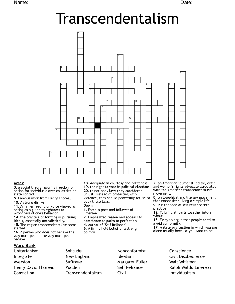 Transcendentalism Crossword