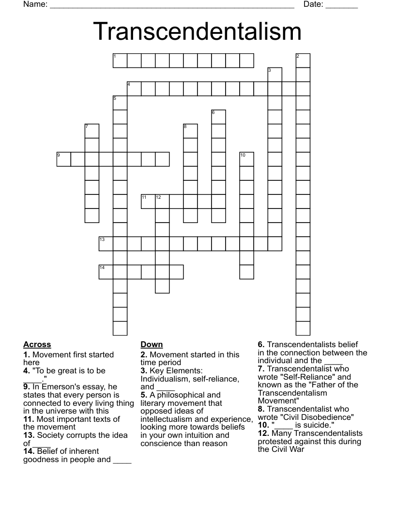 Transcendentalism Crossword