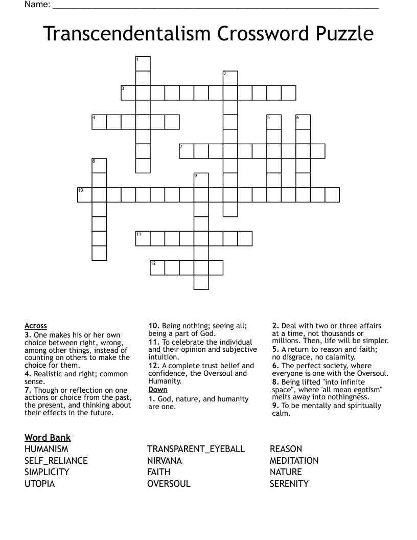 Transcendentalism Crossword Puzzle