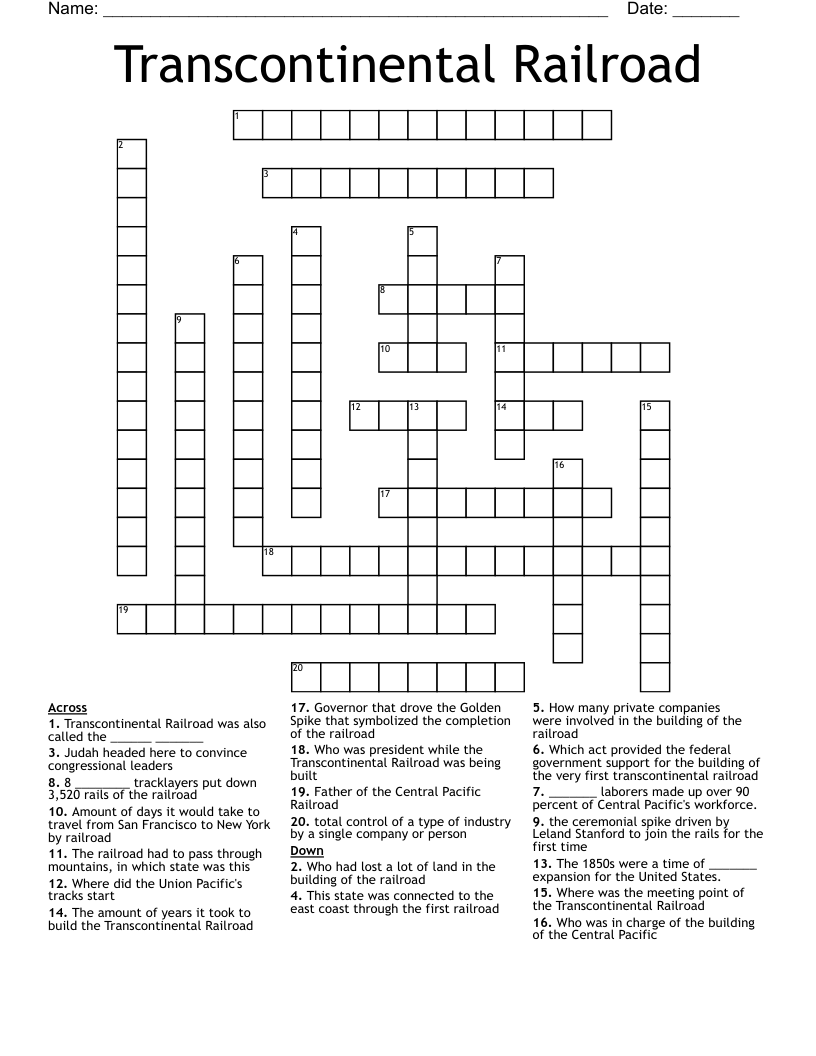 Transcontinental Railroad Crossword