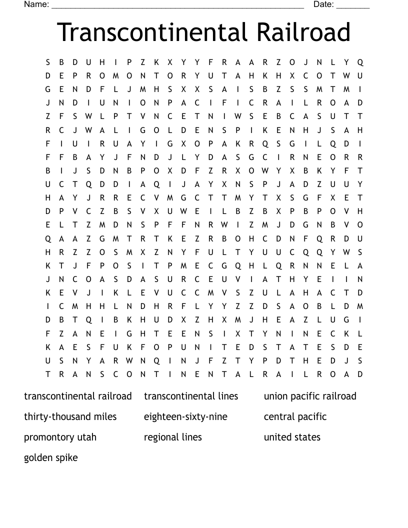 Transcontinental Railroad Word Search