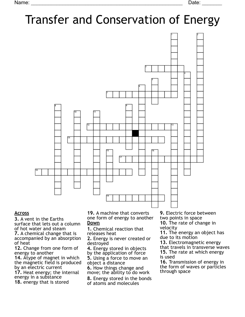 Transfer and Conservation of Energy Crossword