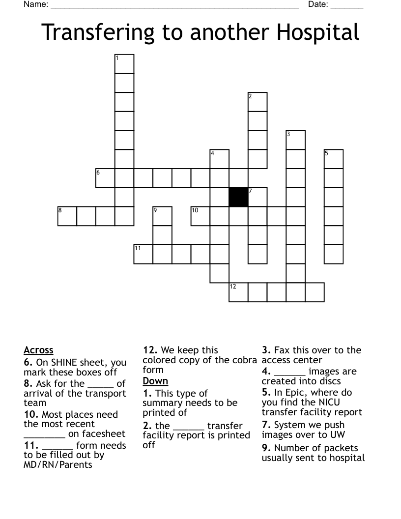 Transfering to another Hospital Crossword
