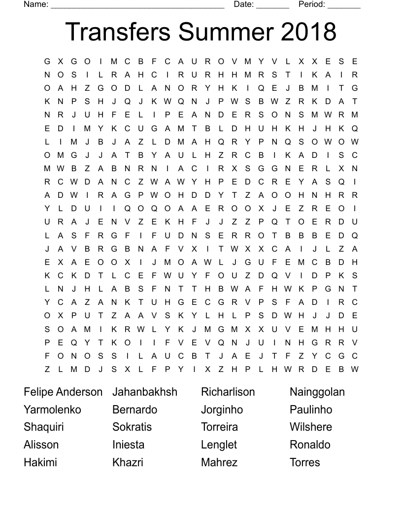 Transfers Summer 2018 Word Search