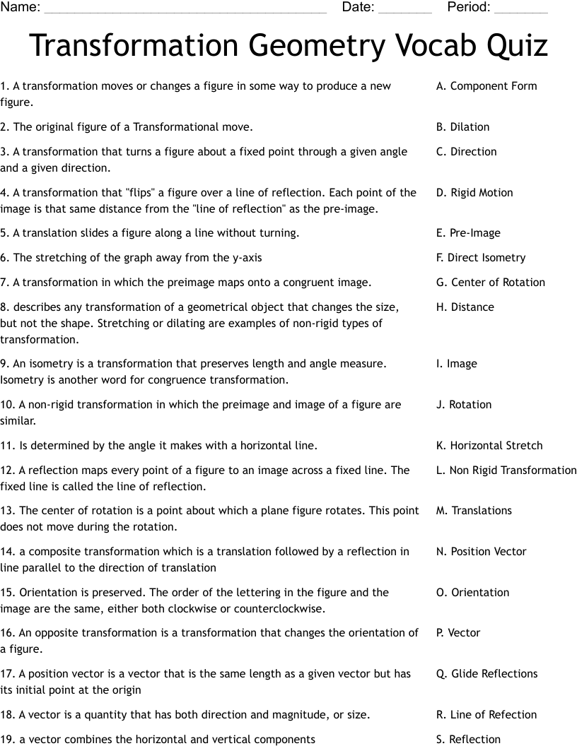 Transformation Geometry Vocab Quiz Worksheet
