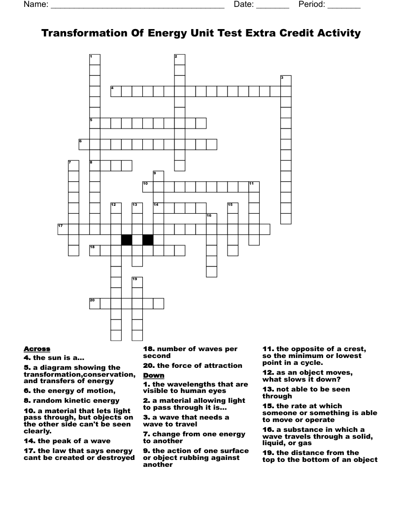 Transformation Of Energy Unit Test Extra Credit Activity Crossword