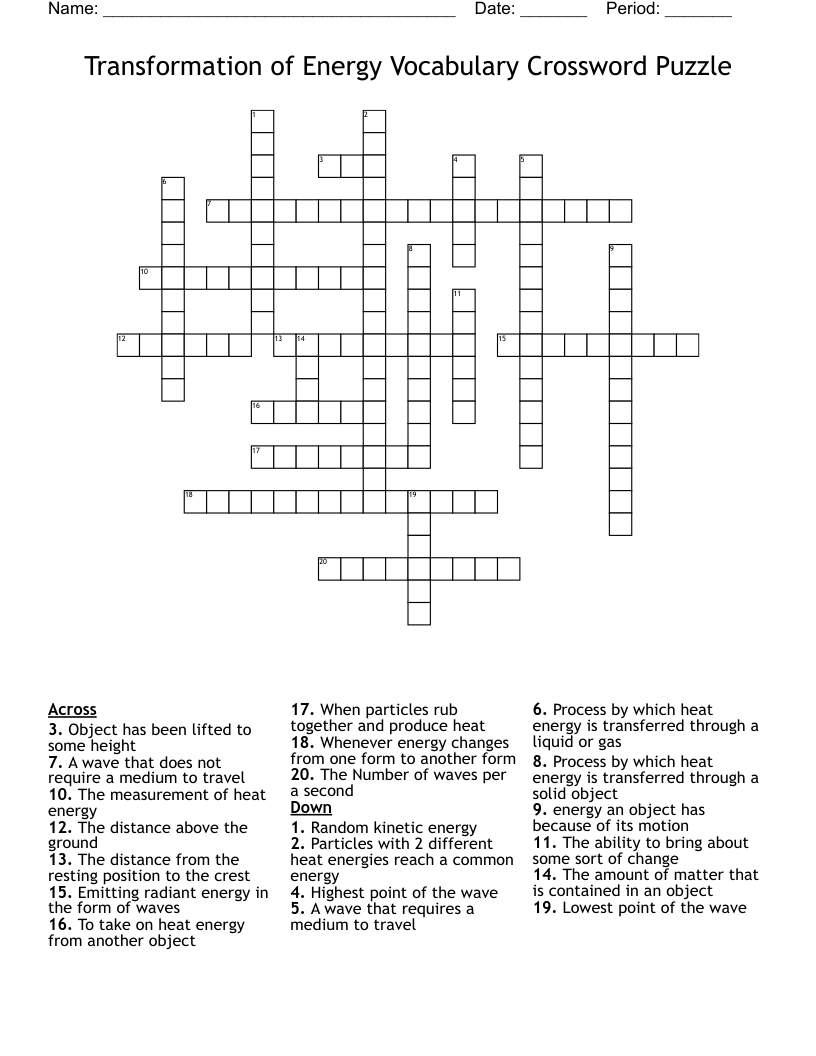 Transformation of Energy Vocabulary Crossword Puzzle