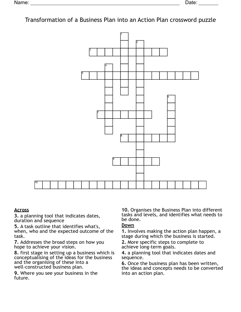 Transformation of a Business Plan into an Action Plan crossword puzzle
