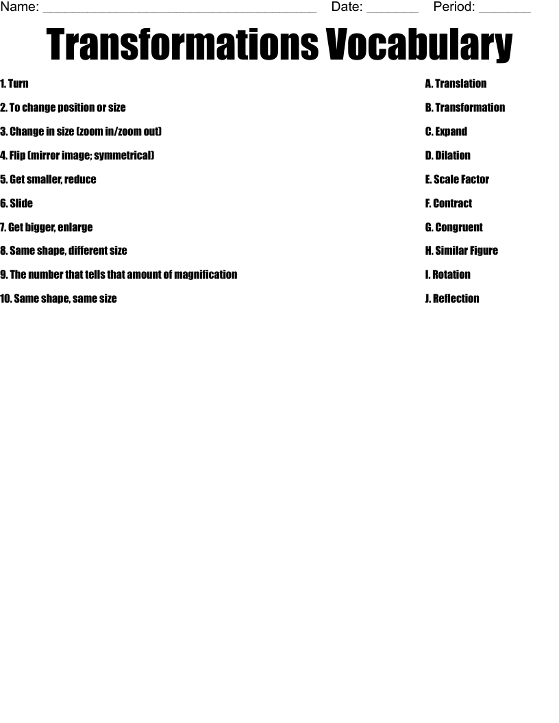 Transformations Vocabulary Worksheet