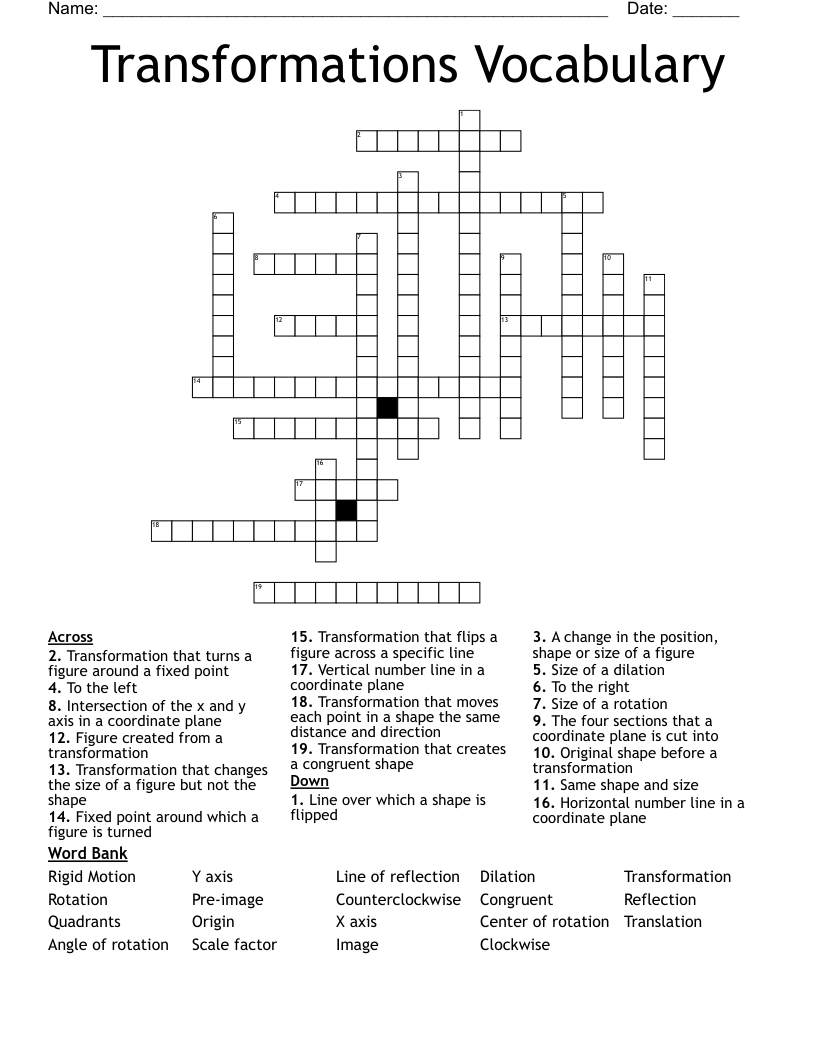 Transformations Vocabulary Crossword