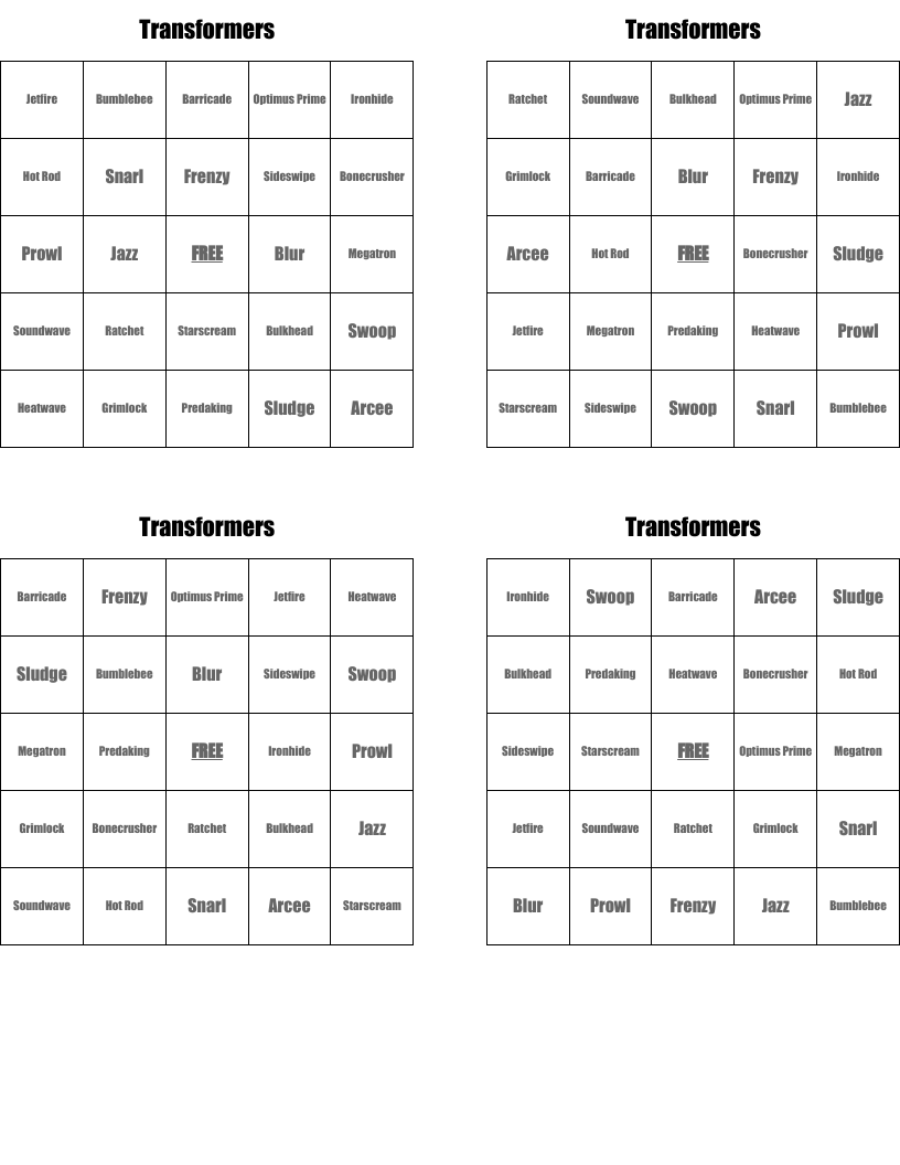 Transformers Bingo Cards
