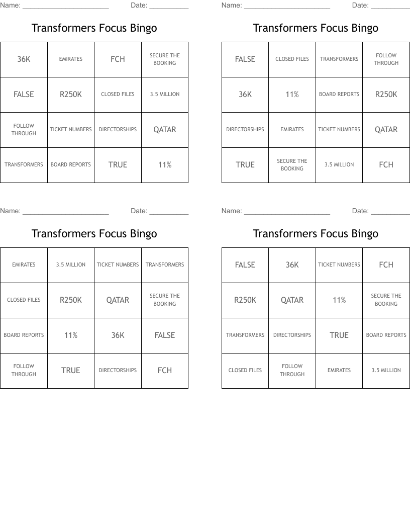 Transformers Focus Bingo