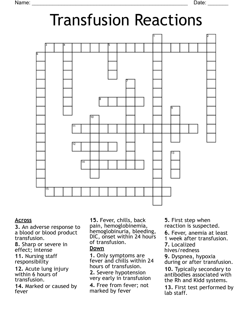 Transfusion Reactions Crossword