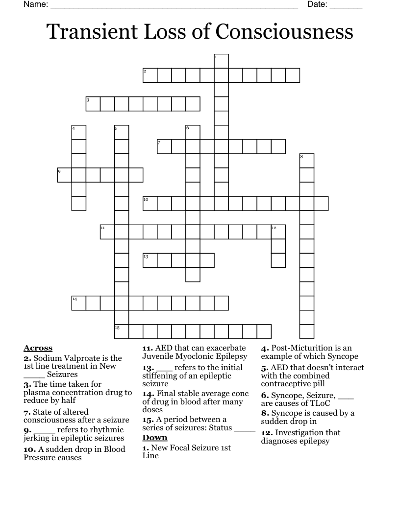 Transient Loss of Consciousness   Crossword