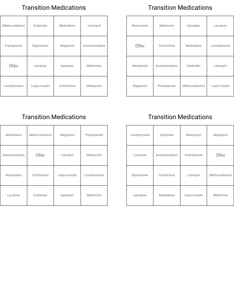 Transition Medications Bingo Cards
