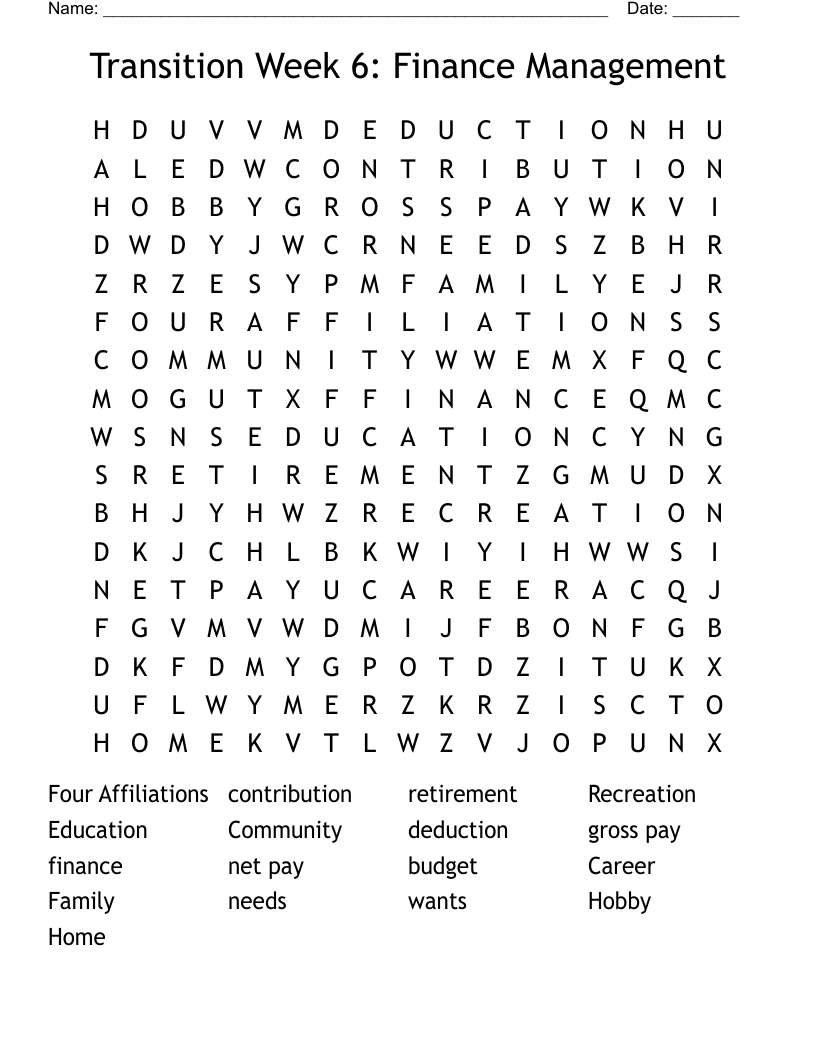 Transition Week 6:  Finance Management Word Search