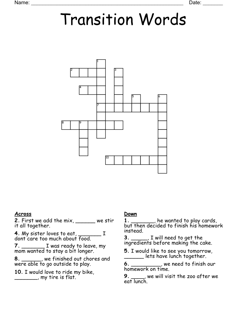 Transition Words Crossword