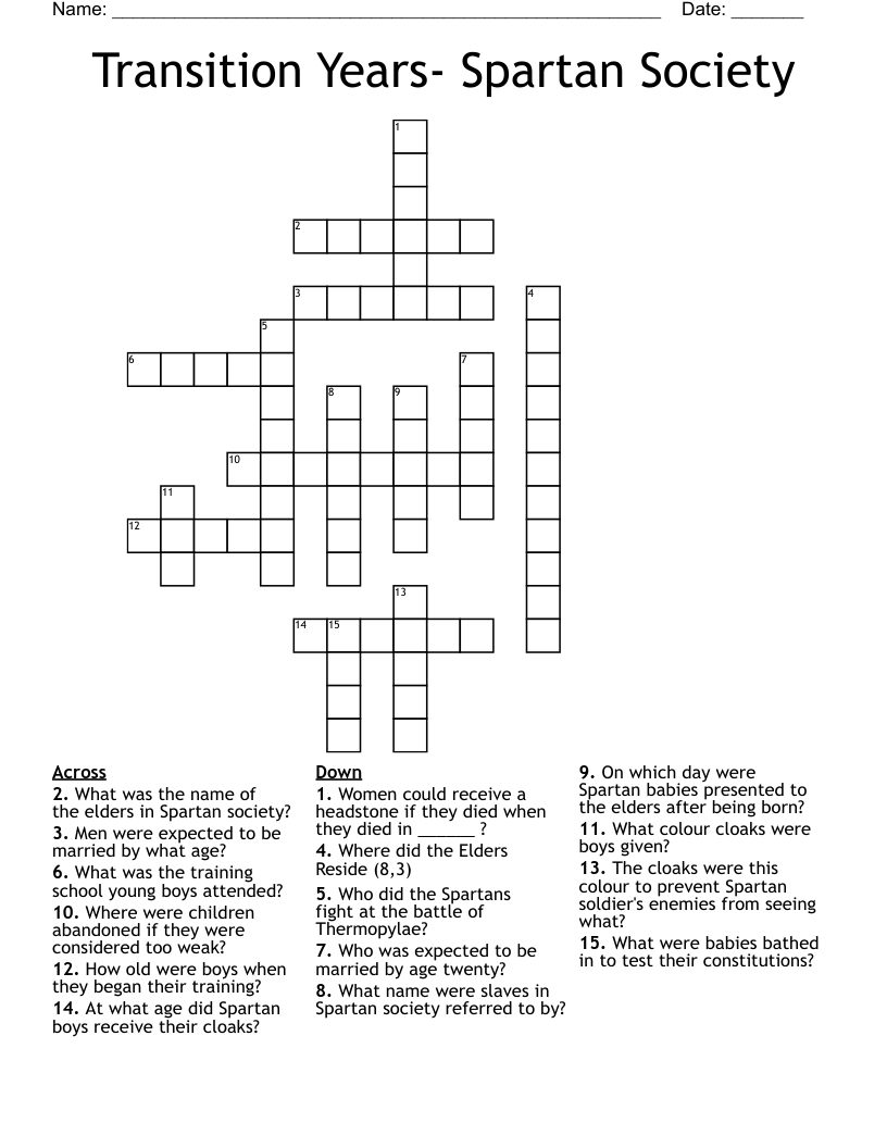 Transition Years- Spartan Society Crossword