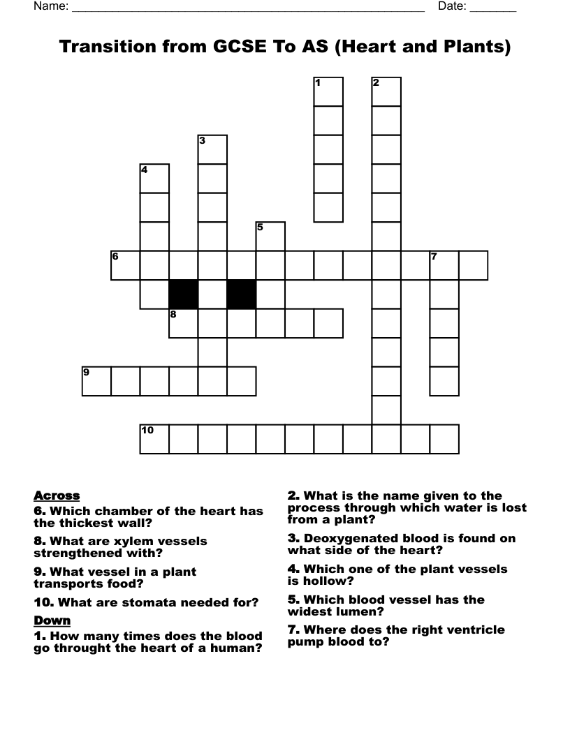 Transition from GCSE To AS (Heart and Plants) Crossword