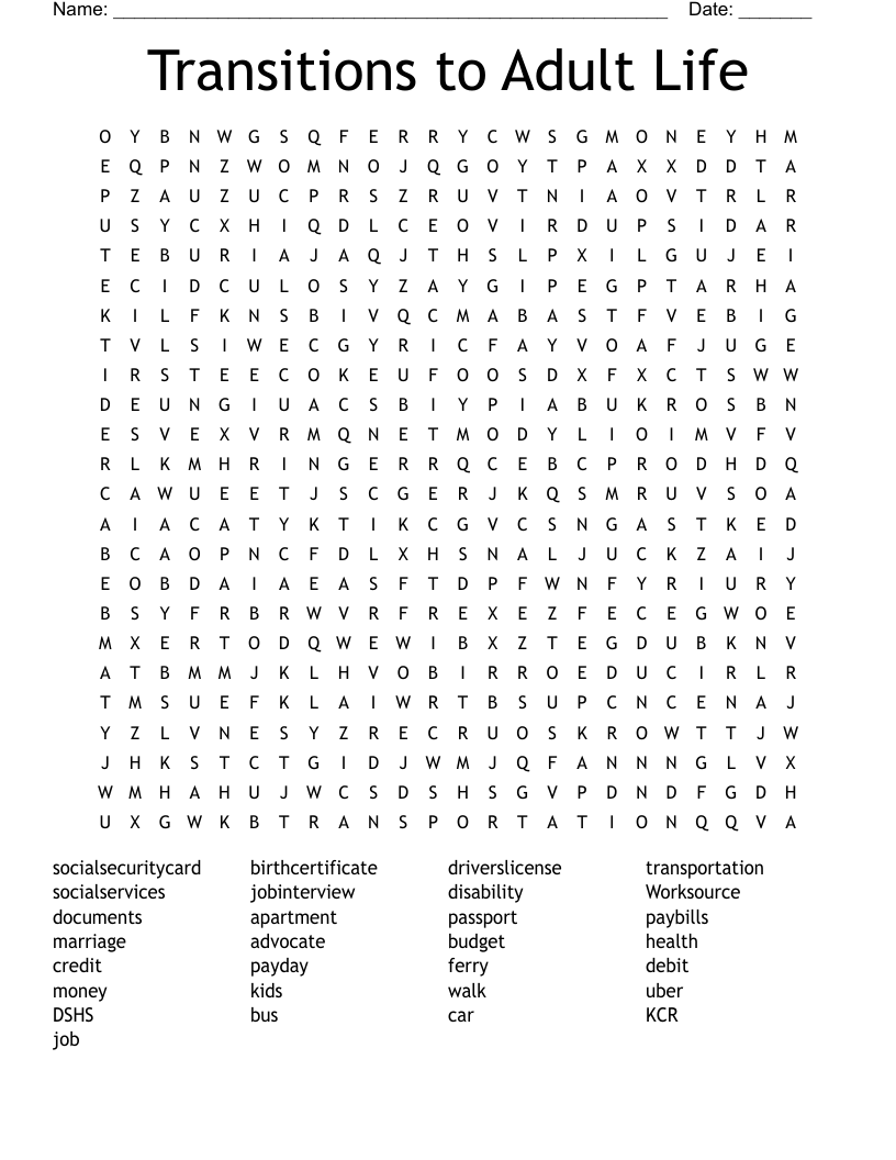 Transitions to Adult Life Word Search