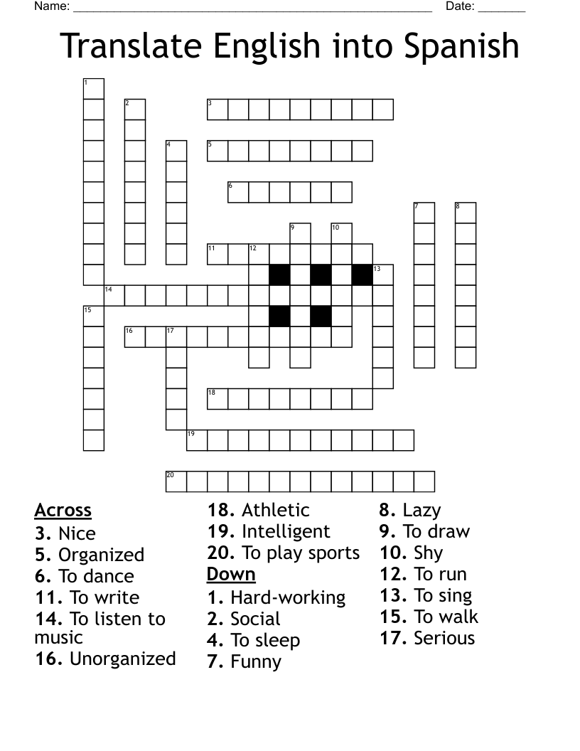Translate English into Spanish Crossword