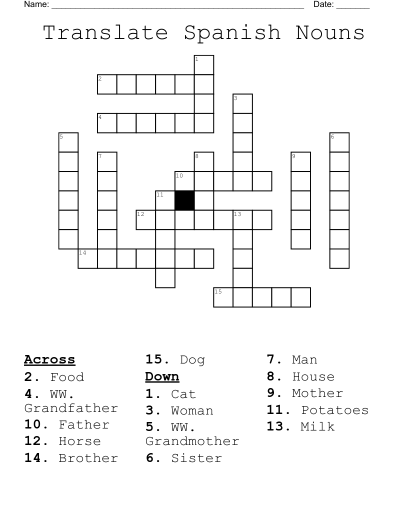 Translate Spanish Nouns Crossword