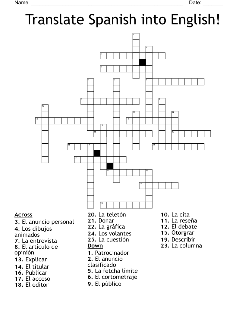 Translate Spanish into English! Crossword