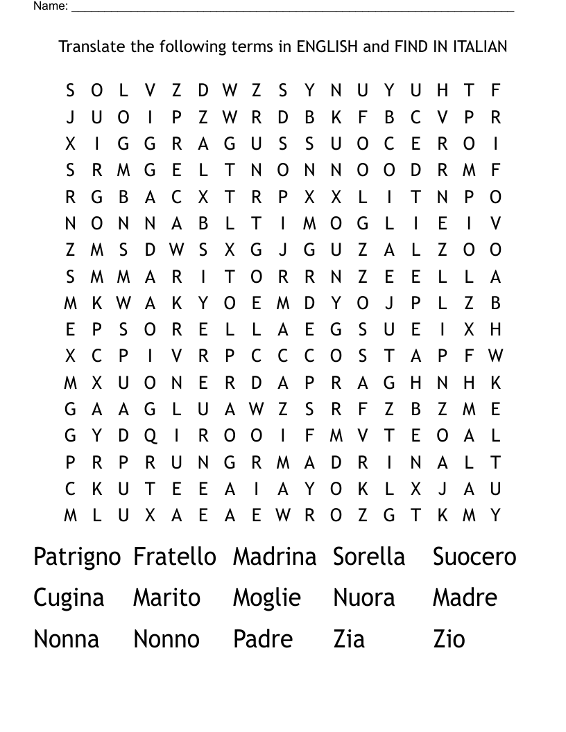 Translate the following terms in ENGLISH and FIND IN ITALIAN Word Search