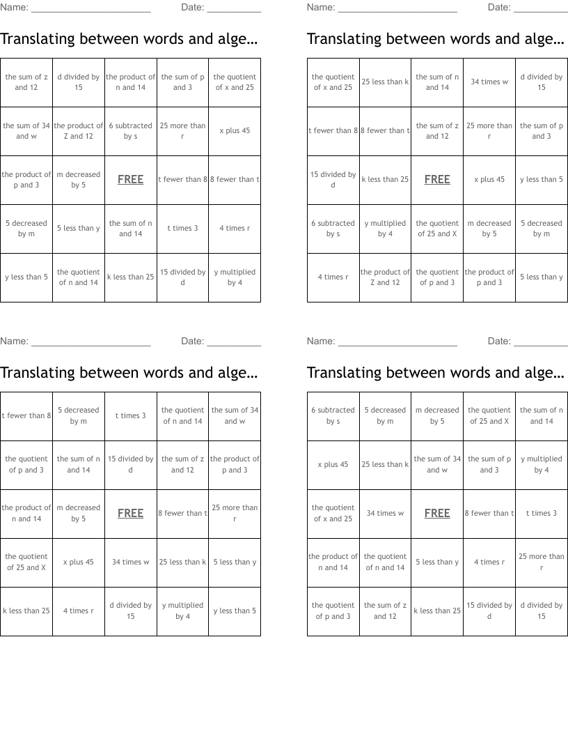 Translating between words and algebraic expressions Bingo Cards